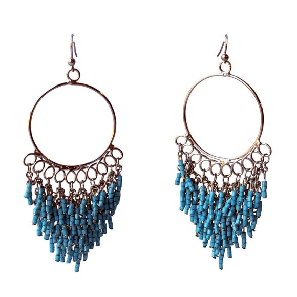Vintage Chico;s Y2K Silver Hoop Earrings with Turquoise Seed Bead Fringe - Picture 3 of 8